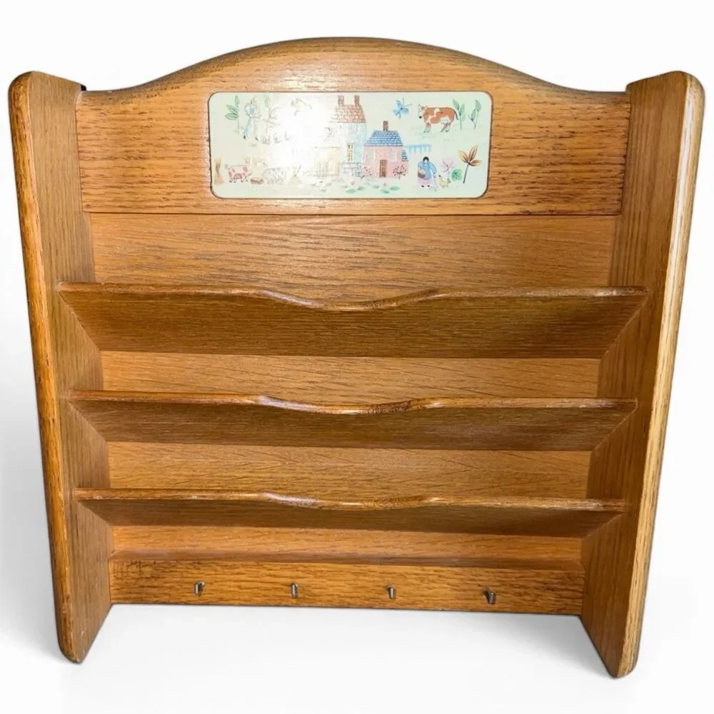 Heartland International Vintage Wood Letter Rack Key Hooks Cottagecore 90s Decor